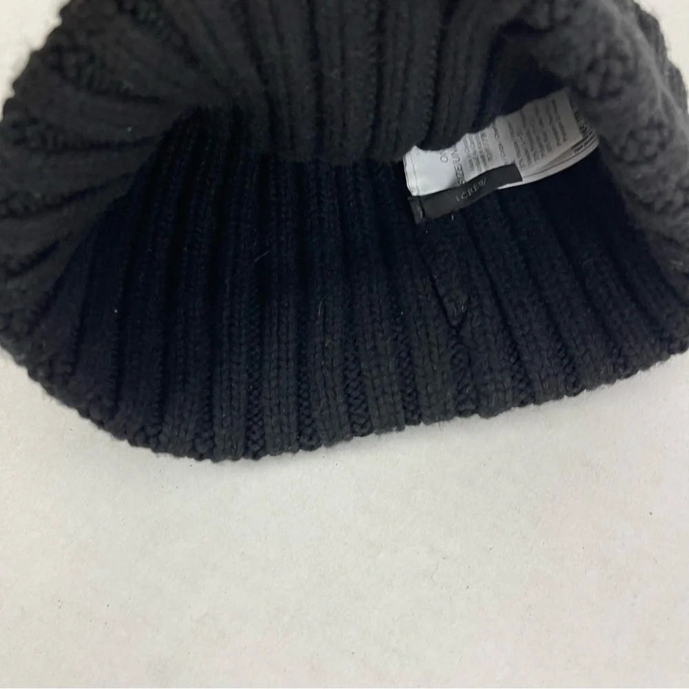 J.Crew Black Knit Beanie Hat Faux Fur Pom One Size OS Ribbed Winter Cold Weather